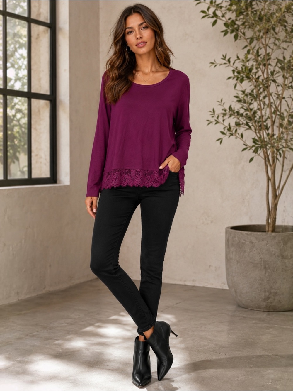Attention XXL Plum Lace Trim Long Sleeve Top Rayon Stretch Romantic Boho 2XL